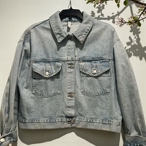 Zara Jean Cropped‎ Denim Jacket Coat Women's Size Large Oversized Trendy Box Cut